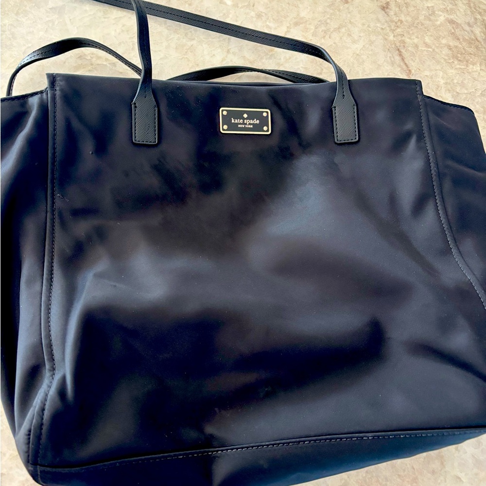 kate spade black nylon tote with gold logo plaque